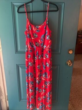 CeCe Red Maxi Dress with Blue Floral Print